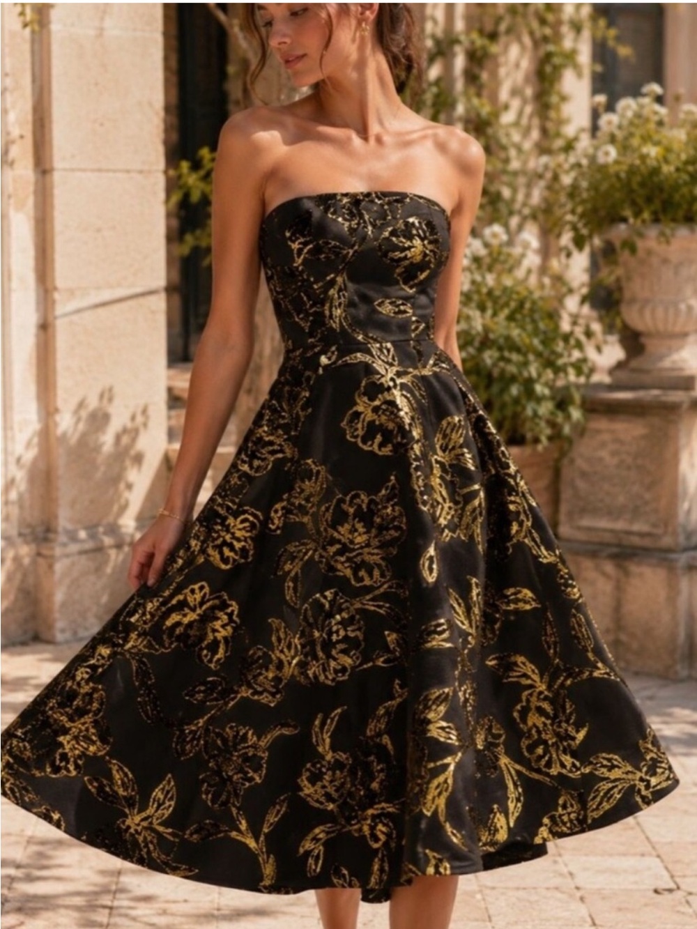Helsi Vivi Strapless Cocktail Midi Dress Black Gold Floral Size Large